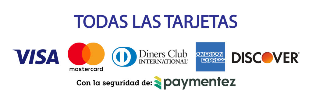 Medios de pago aceptados: Visa, Mastercard, Diners Club, American Express y Discover con Paymentez